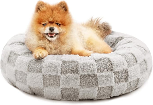 Love's cabin Round Donut Cat and Dog Cushion Bed, 20in Pet Bed for Cats or Small Dogs, Anti-Slip & Water-Resistant Bottom, Super Soft Durable Fabric Pet beds, Washable Luxury Cat & Dog Bed Grey Plaid