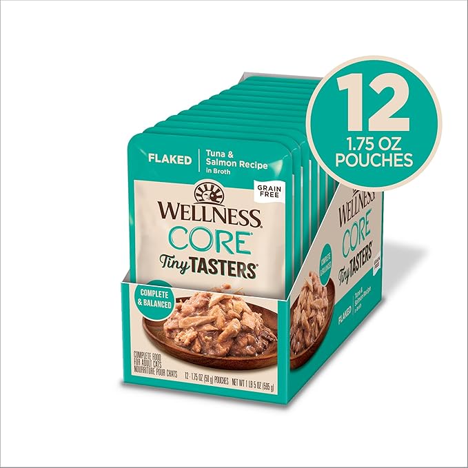 Wellness CORE Tiny Tasters Wet Cat Food, Complete & Balanced Natural Pet Food, Made with Real Meat, 1.75-Ounce Pouch, 12 Pack (Adult Cat, Flaked Tuna & Salmon in Gravy)