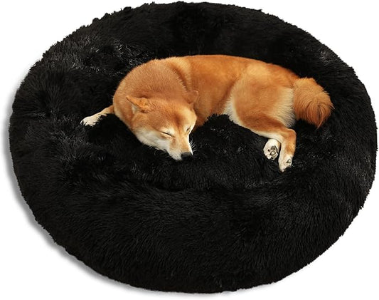 Dog Bed Calming Dog Beds for Small Medium Large Dogs - Round Donut Washable Puppy Dog Bed, Anti-Slip Faux Fur Fluffy Donut Cuddle Anxiety Cat Pet Bed(36'' Black)