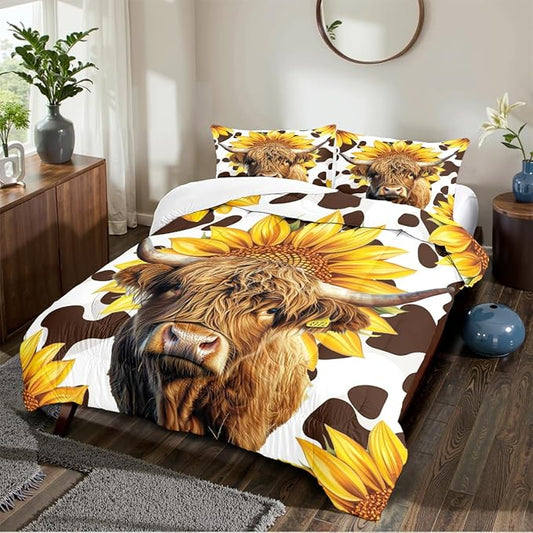 Highland Cattle Comforter Set Twin Cute Animal Bedding Set Aesthetic Microfiber Comforters Soft with 1 Pillowcase