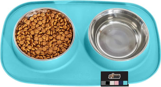 GORILLA GRIP 100% Waterproof BPA Free Cat and Dog Bowls Silicone Feeding Mat Set, Stainless Steel Bowl Slip Resistant Raised Edges, Catch Water, Food Mess, No Spills, Pet Accessories, 3 Cup, Turquoise