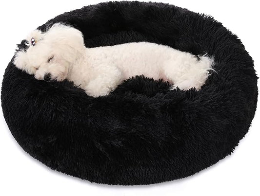 Dog Bed Calming Dog Beds for Small Medium Large Dogs - Round Donut Washable Puppy Dog Bed, Anti-Slip Faux Fur Fluffy Donut Cuddle Anxiety Cat Pet Bed(20'' Black)