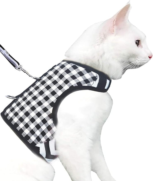 Cat Harness and Leash for Walking Escape Proof, Adjustable Cat Vest Harness, Padded Stylish Cat Walking Jackets, Black Plaid, Large