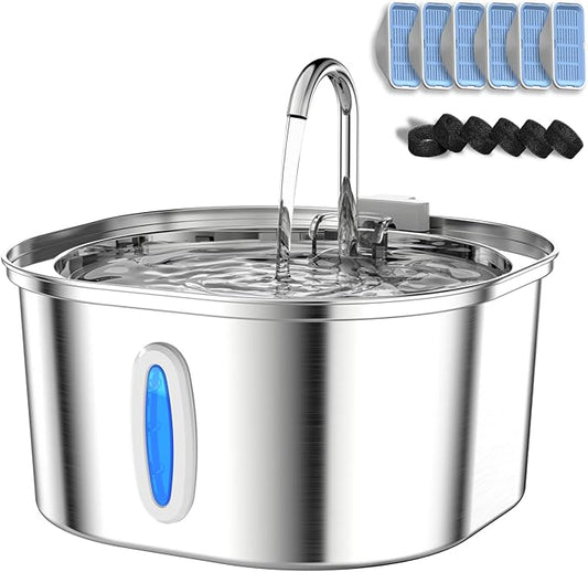 Cat Water Fountain - 3.2L/108oz Stainless Steel Pet Water Drinking Fountain for Cats Indoor, Dog Water Fountain with Water Level Window and 6 Filters + 6 Sponges