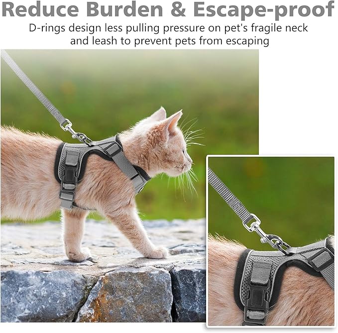 Dooradar Cat Harness and Leash Set, Escape Proof Safe Adjustable Kitten Vest Harnesses for Walking, Easy Control Soft Breathable Mesh Jacket with Reflective Strips for Cats, Grey, XXS