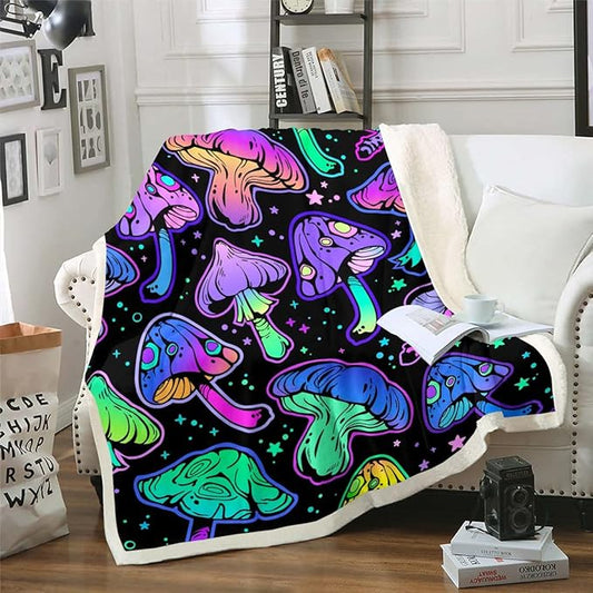 Neon Mushroom Throw Blanket - Cute Kawaii Psychedelic Galaxy Space Travel Blanket - Rainbow Fungus Fleece Blanket for Kids Boys Girls Room - Magic Mushroom Decor