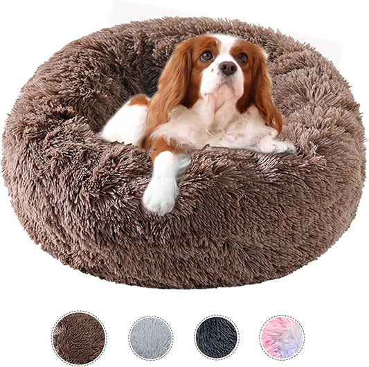 Dog Bed Calming Dog Beds for Small Medium Large Dogs - Round Donut Washable Puppy Dog Bed, Anti-Slip Faux Fur Fluffy Donut Cuddle Anxiety Cat Pet Bed(20'' Khaki