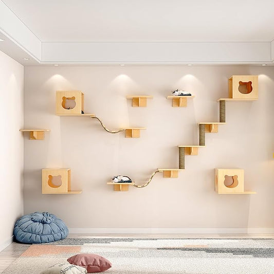 Cat Wall Shelves, Cat Wall Furniture, Cat Shelves and Perches for Wall, Cat Wall Steps Set with 2 Cat Condos House, 6 Cat Wall Shelves, 2Ladder, 1 Sisal Cat Scratching Post (C)
