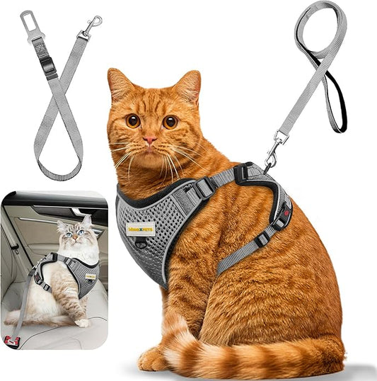 Cat Harness and Leash for Walking, Retractable Cat Harnesses and Leash Set Escape Proof, Breathable Soft Kitten Harness Small Large Cat Harness for Travel Training and Walking, Grey, XS
