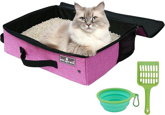 HiCaptain Portable Cat Travel Litter Box with Lid, Collapsible Travel Litter Box for Medium and Large Cats, Leak Proof, Foldable Standard Litter Carrier Box for Traveling - Pink