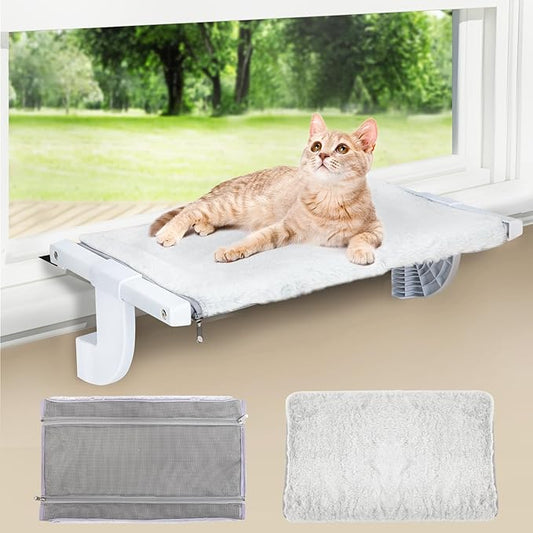 Window Sill Mount Cat Perch for Indoor Cats, One-Step Sliding Clamping Slot Adjustment Cat Hammock with Removable Two Fabrics Cover, No Suction Cups Cat Bed for Windowsill & Bedside (XL)