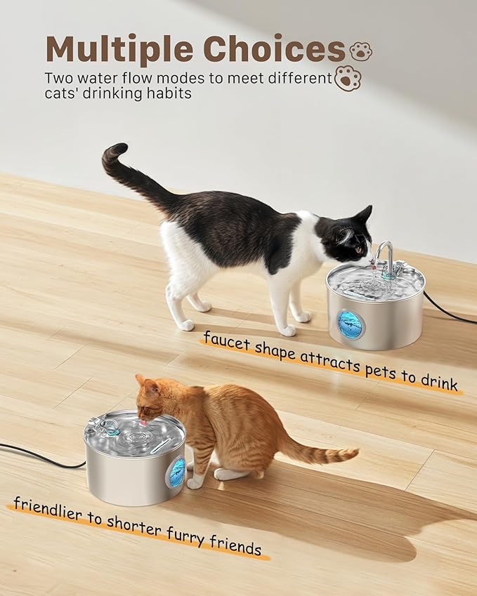Cat Water Fountain Stainless Steel: 74oz/2.2L Cat Fountain for Drinking - Pet Water Fountain for Cats Inside - Quiet Cat Water Bowl Dispenser - Cat Drinking Fountains - for Cats&Pets& Small Animals