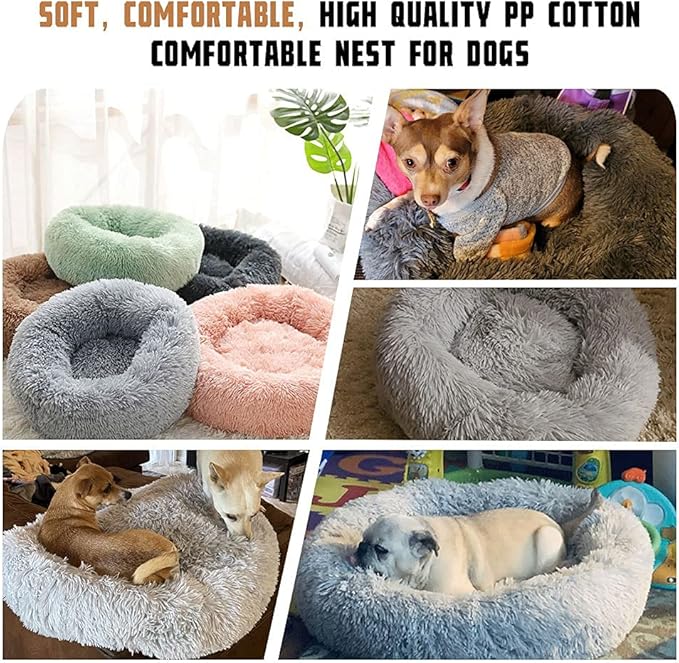 Dog Bed Calming Dog Beds for Small Medium Large Dogs - Round Donut Washable Puppy Dog Bed, Anti-Slip Faux Fur Fluffy Donut Cuddle Anxiety Cat Pet Bed(Light Grey 20")