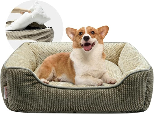 Miguel Removable Washable Dog Bed for Medium Dog Easy Clean - Rectangle Pet Bed for Large Cats with Zipper Cover Bolster Cuddle Puppy Bed with Supportive Side Wall Slip-Resistant Bottom, Khaki 30 Inch