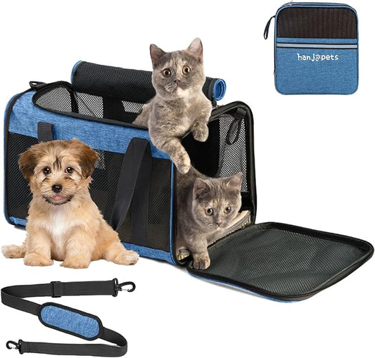 Large Cat Carrier 20lbs - Pet Carrrier Bag - Soft Sided Breathable Mesh Pet Travel Carrier for Dogs, Portable Top Loading Big Cat Carrier for 2 Cats, Folding Dog Soft-Sided Carrier, Blue