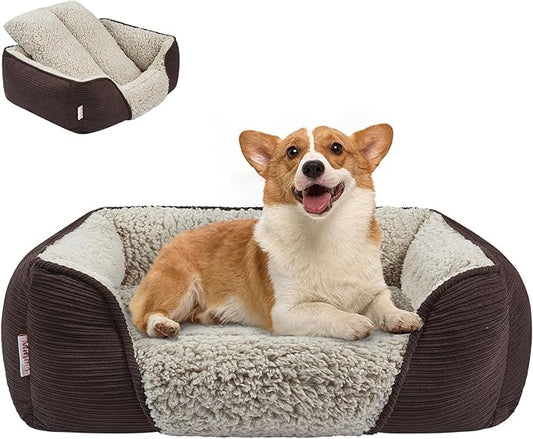 Miguel Washable Dog Bed with Removable Cushion for Medium Small Dogs, Easy to Wash Pet Sofa Bed with Side, Rectangle Bolster Cat Bed Calming Cuddle Puppy Bed with Anti-Slip Bottom, Dark Brown 30 Inch