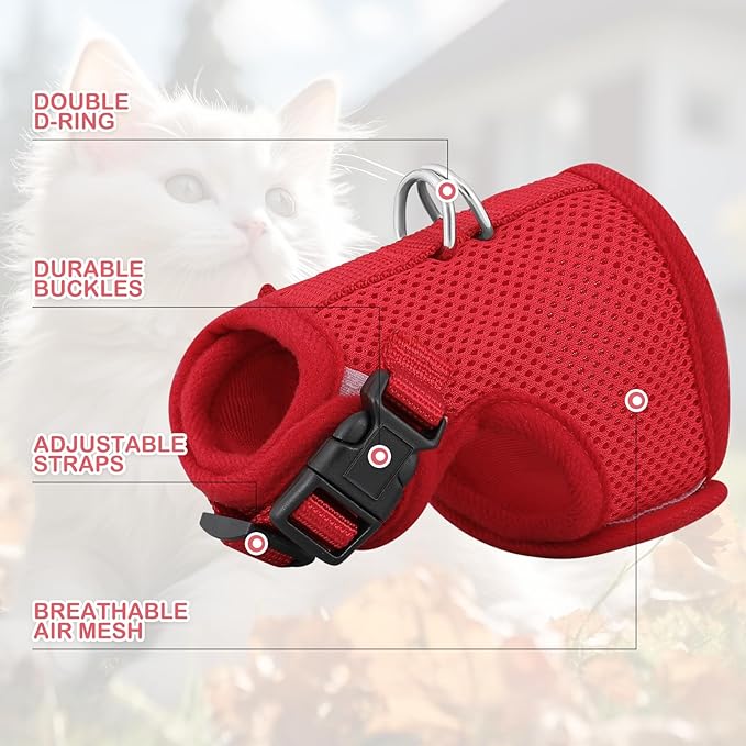 MoNiBloom Soft Cat Harness for Walking Escape Proof and Travel, Kitten Adjustable Breathable Vest Harness - Red, XS