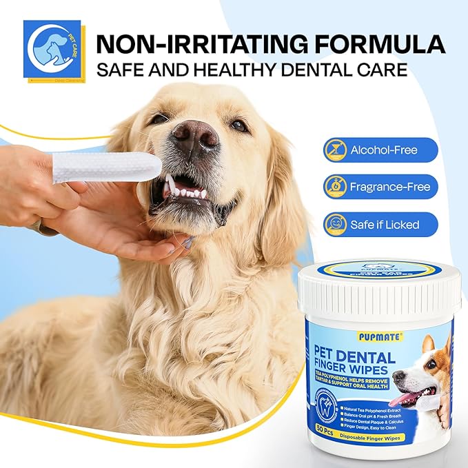 Dental Care Wipes for Dog & Cat- Teeth Cleaning Finger Wipes for Plaque and Tartar Removal, Safe & Gentle Disposable Toothbrush Wipes for Fresh Breath & Gum Care - 50 Pcs