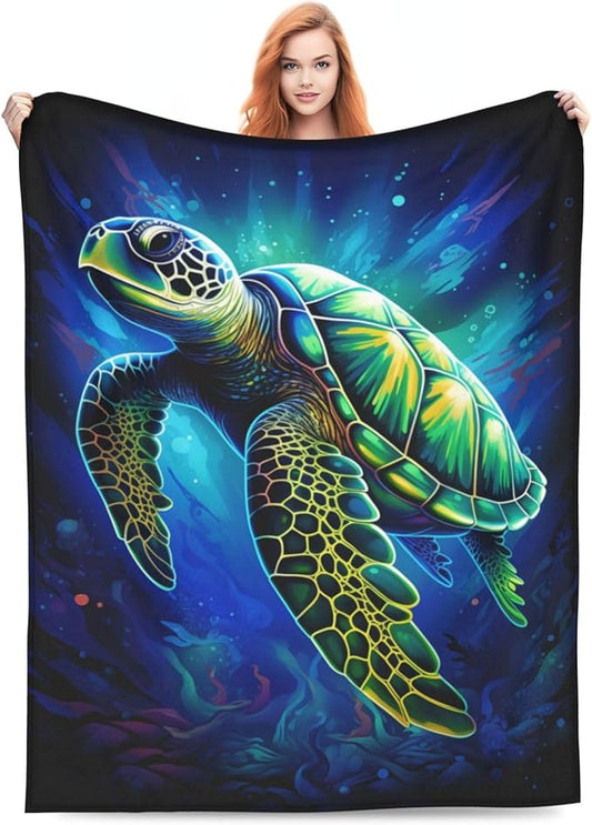 Sea Turtle Blue Blanket Turtles Shell Waves Flannel Throw Blankets for Home Decor Couch Bed Sofa Soft Fuzzy Lightweight Gifts for Kids Adult 80x60 Inches