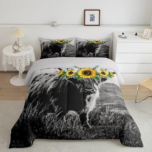 Highland Cow Comforter Set Adult Women Sunflower Cow Print Down Comforter Full Size for Boy Men Bull Cattle with Grey Fur Quilted Duvet Bedroom Decorative Wildlife Farmhouse Cow Bedding Comforters