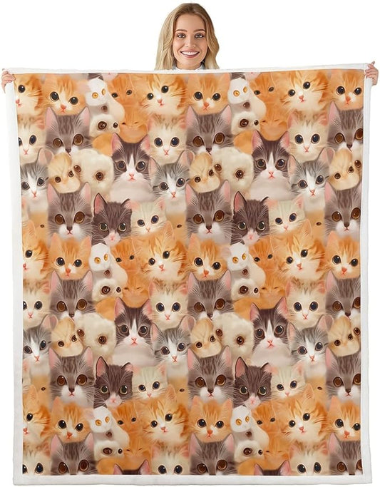 Cat Throw Blanket Kids Girls Cute Kitten Cats Print Warm Fuzzy Blanket for Bed Sofa Kawaii Lovely 3D Animal Fleece Sherpa Blanket Soft Animal Cat Collection Flannel Blanket Room Decor Twin 60"x80"