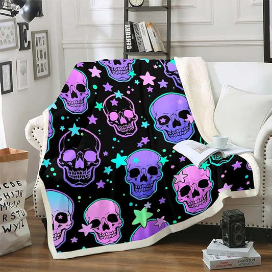 Sugar Skull Fleece Blanket Halloween Travel Throw for Couch - Trippy Galaxy Baby Size Purple Pink Death Skull - Psychedelic Stars Sherpa Hippie Room Decor for Kids Teens