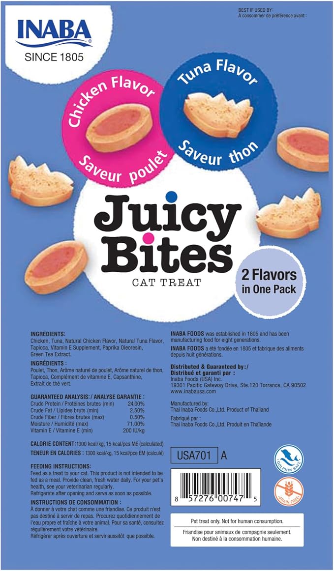 INABA Juicy Bites, Moist & Chewy Cat Treats with Vitamin E and Green Tea Extract, 0.4 Ounces per Pouch, 18 Pouches (3 per Bag), Tuna and Chicken