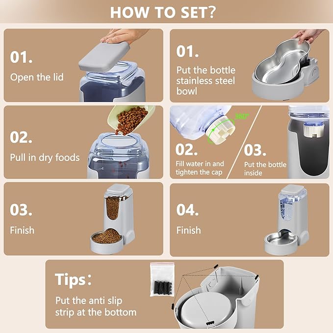 Portable Automatic Cat Feeder and Water Dispenser with Stainless Steel Bowl Dog Gravity Food Feeder and Waterer for Small Medium Pets Puppy Kitten 1 Gallon x 2 (Light Blue（3.8L*2）)