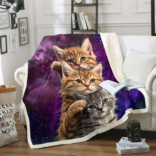 Erosebridal Cat Blanket, Cute Pet Cats Pattern Sherpa, Outer Space Kawaii Kitten, Cartoon 3D Animal Theme, Purple Galaxy Bed Sofa Couch Decor, 40"x50"