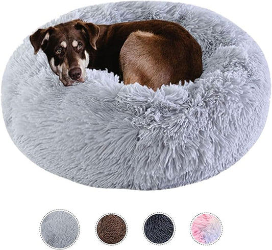 Dog Bed Calming Dog Beds for Small Medium Large Dogs - Round Donut Washable Dog Bed, Anti-Slip Faux Fur Fluffy Donut Cuddler Anxiety Cat Bed(36'' Light Grey)