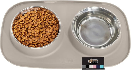 GORILLA GRIP 100% Waterproof BPA Free Cat and Dog Bowls Silicone Feeding Mat Set, Stainless Steel Bowl Slip Resistant Raised Edges, Catch Water, Food Mess, No Spills, Pet Accessories, 3 Cup, Beige