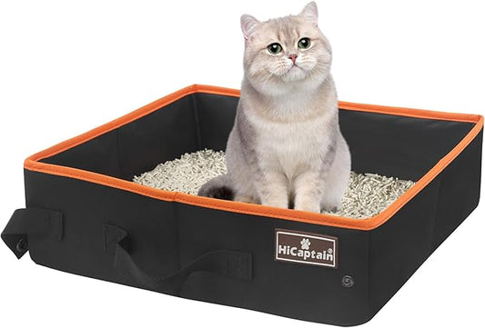 HiCaptain Portable Cat Litter Box, Foldable Litter Box for Travel in Car, Collapsible Toliet Tray Carrier for Small Medium Cats - Medium Black, 006M
