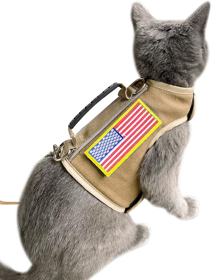 Tactical Cat Harness and Leash for Walking Escape Proof, Adjustable Cat Walking Jackets, Padded Stylish Cat Vest, Khaki, Medium