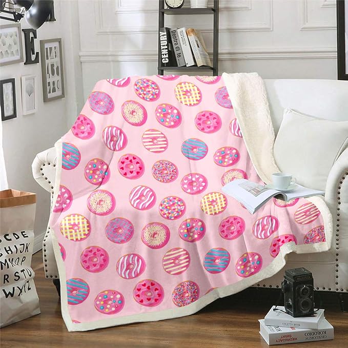 Feelyou Girls Donuts Blanket Pink Chocolate Doughnut Throw Blanket Whimsical Dessert Fleece Blanket for Couch Bed Sofa Decor Bright Kawaii Food Sherpa Blanket Fuzzy Blanket Queen 90"x90"