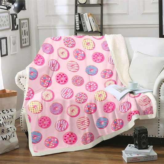 Feelyou Girls Donuts Blanket Pink Chocolate Doughnut Throw Blanket Whimsical Dessert Fleece Blanket for Couch Bed Sofa Decor Bright Kawaii Food Sherpa Blanket Fuzzy Blanket Queen 90"x90"