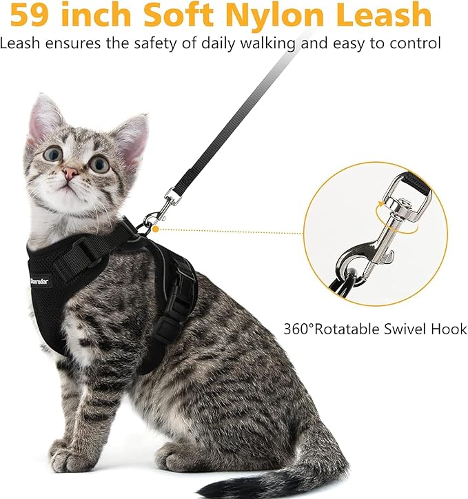 Dooradar Cat Harness and Leash Set, Escape Proof Safe Adjustable Kitten Vest Harnesses for Walking, Easy Control Soft Breathable Mesh Jacket with Reflective Strips for Cats, Black, XXS