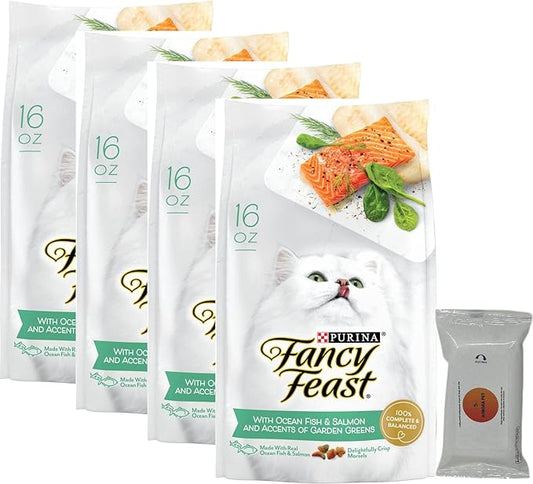Aurora Pet Bundle Pack (4) FF Gourmet Dry Cat Food with Ocean Fish & Salmon (16 oz. Bags) Plus AuroraPet Wipes
