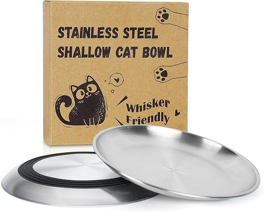 Supet Cat Plates for Wet Food, Non Slip Cat Food Bowls Whisker Friendly, Stainless Steel Shallow Wide Cat Dishes for Indoor Cats (13Oz, 2Pcs)