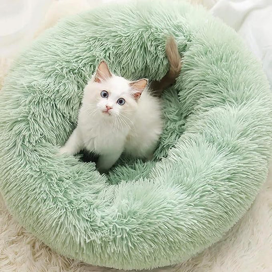 Cat Beds for Indoor Cats - Cat Bed Washable 20/24 inches, Dog Beds for Small Medium Dogs, Anti Anxiety Round Fluffy Plush Faux Fur Cat Bed, Thick Bottom (Light Green, Medium)