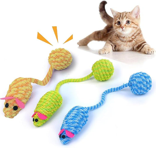 3Pcs Cat Mouse Toy Sounding Mouse and Cat Toy Mice Shape Kitten Toys for Indoor Cats Kittens Cat Chew Toy Interactive Squeaky Mouse Cat Ball Toy Pack