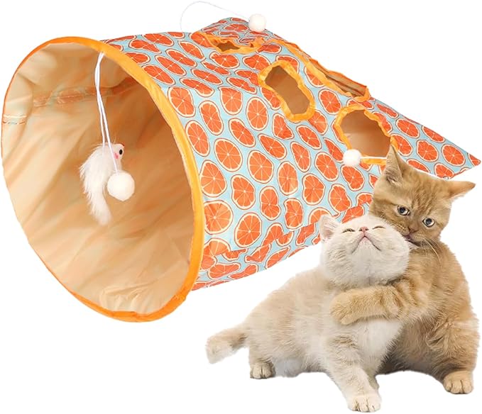 SYCOOVEN Cat Tunnel Bag for Indoor Cats, Pet Collapsible Tunnel Crinkle Sack Bag with 1 Little Mouse & Toy Ball, Crinkle Paper Interactive Cat Toys Hide and Seek(Orange Pattern)