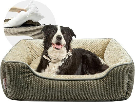 Miguel Removable Washable Dog Bed for Medium Dog Easy Clean - Rectangle Pet Bed for Large Cats with Zipper Cover Bolster Cuddle Puppy Bed with Supportive Side Wall Slip-Resistant Bottom, Khaki 35 Inch