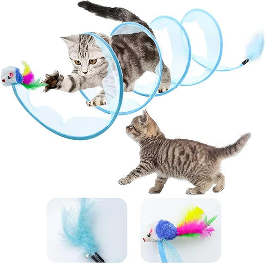 1PCS Folded Cat Tunnel Toy, Cat Tunnel Mice Tube Cat Springs for Indoor with Feather, Mouse Toys Interactive Cat Toy Tunnel Self-Happy Cat Toys, S-Type Collapsible Tent Blue