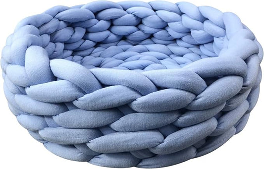 Lucky Monet Cat Basket Bed Cotton Knitted Round Pet Beds for Cats Cute Boho Cat Pet Bed Warm Woven Cat Nest for Puppy Kitten Cats Dogs (19.7", Blue)