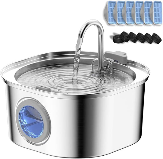 Cat Water Fountain, Pet Water Fountain for Cats/Dogs Indoor, Stainless Steel Cat Drinking Fountains with Water Level Window and 3 Filters + 3 Sponges(3.2L/108oz)