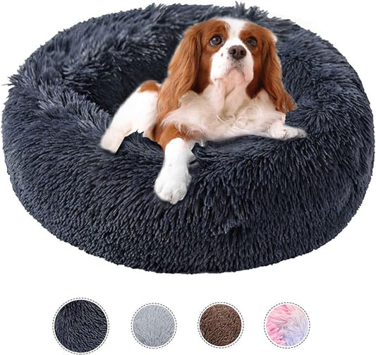 Dog Bed Calming Dog Beds for Small Medium Large Dogs - Round Donut Washable Puppy Dog Bed, Anti-Slip Faux Fur Fluffy Donut Cuddle Anxiety Cat Pet Bed(20" Dark Grey)