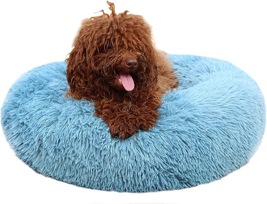 Small Dog Donut Bed for Small Dogs Machine Washable,Calming Donut Blue Dog Bed for Small Puppy with Anxiety，with Fluffy Soft and Comfy Faux Fur Cuddler Pet Bed for Small Pets