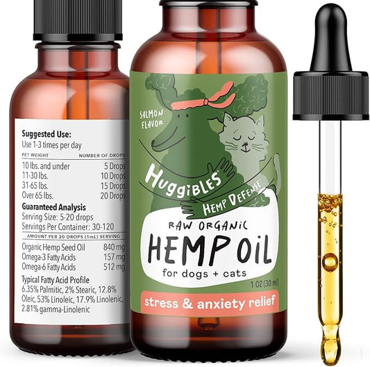 Organic Hemp Oil Drops for Cats and Dogs Calming Stress & Anxiety Support Omega 3 & 6 for Arthritis Inflammation and Joint Support | Liquid Drops Pet Supplement