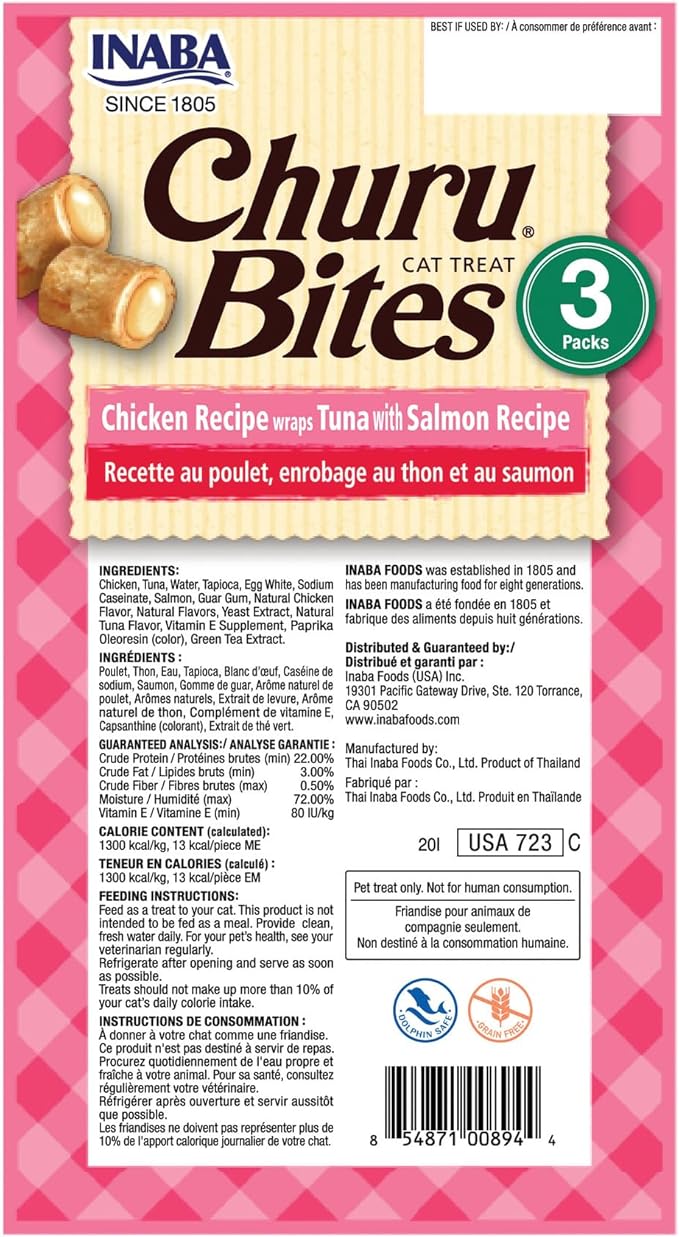 INABA Churu Bites for Cats, Soft Baked Chicken Churu Filled Cat Treats with Green Tea Extract, 0.35 Ounces Each Tube, 18 Tubes Total (3 per Pack), Tuna with Salmon Recipe