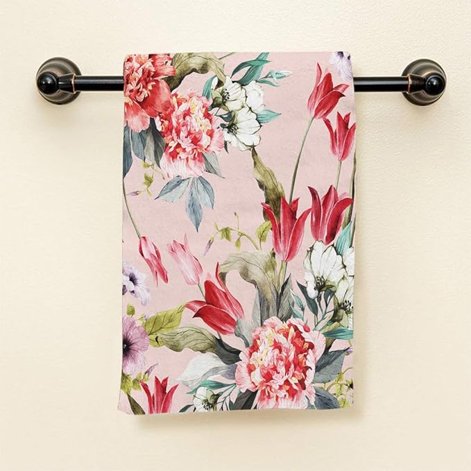 HGOD DESIGNS Flower Hand Towels Beautiful Floral Pattern with Tulips and Peonies Soft Hand Towel for Bathroom Kitchen Yoga Gym Decorative Towels 15"X30"